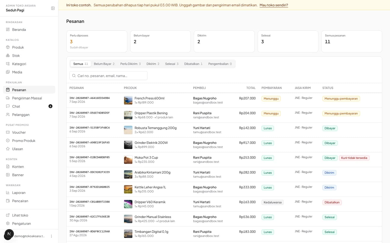 Orders & shipping in the Indonesian demo store interface