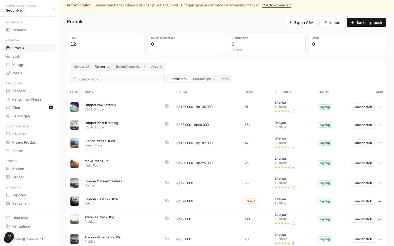 Products & stock in the Indonesian demo store interface