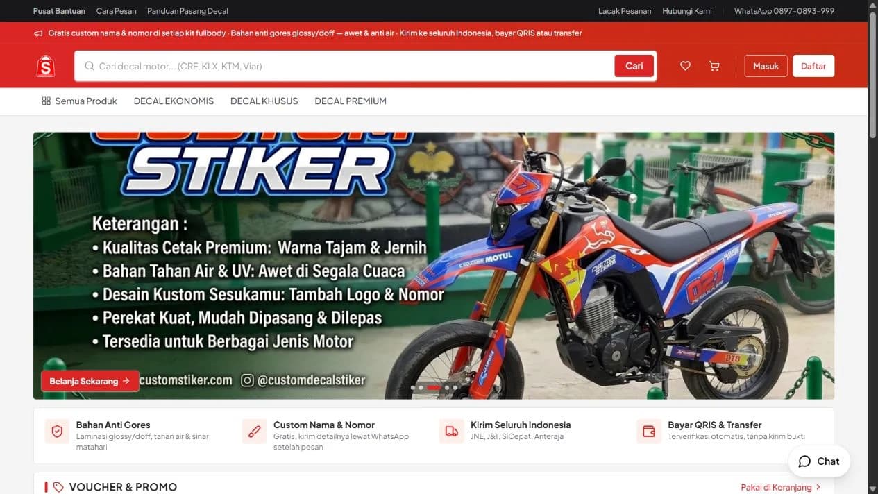 Custom Decal Stiker homepage with red navigation, product search, and a banner featuring a motorcycle with decals.