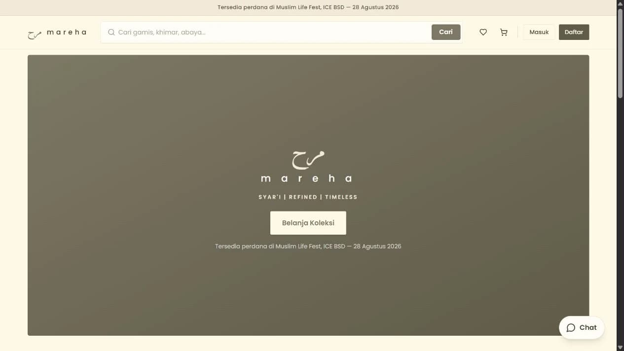 Mareha homepage with an ivory background, clothing search, its logo on an olive banner, and a shop collection button.